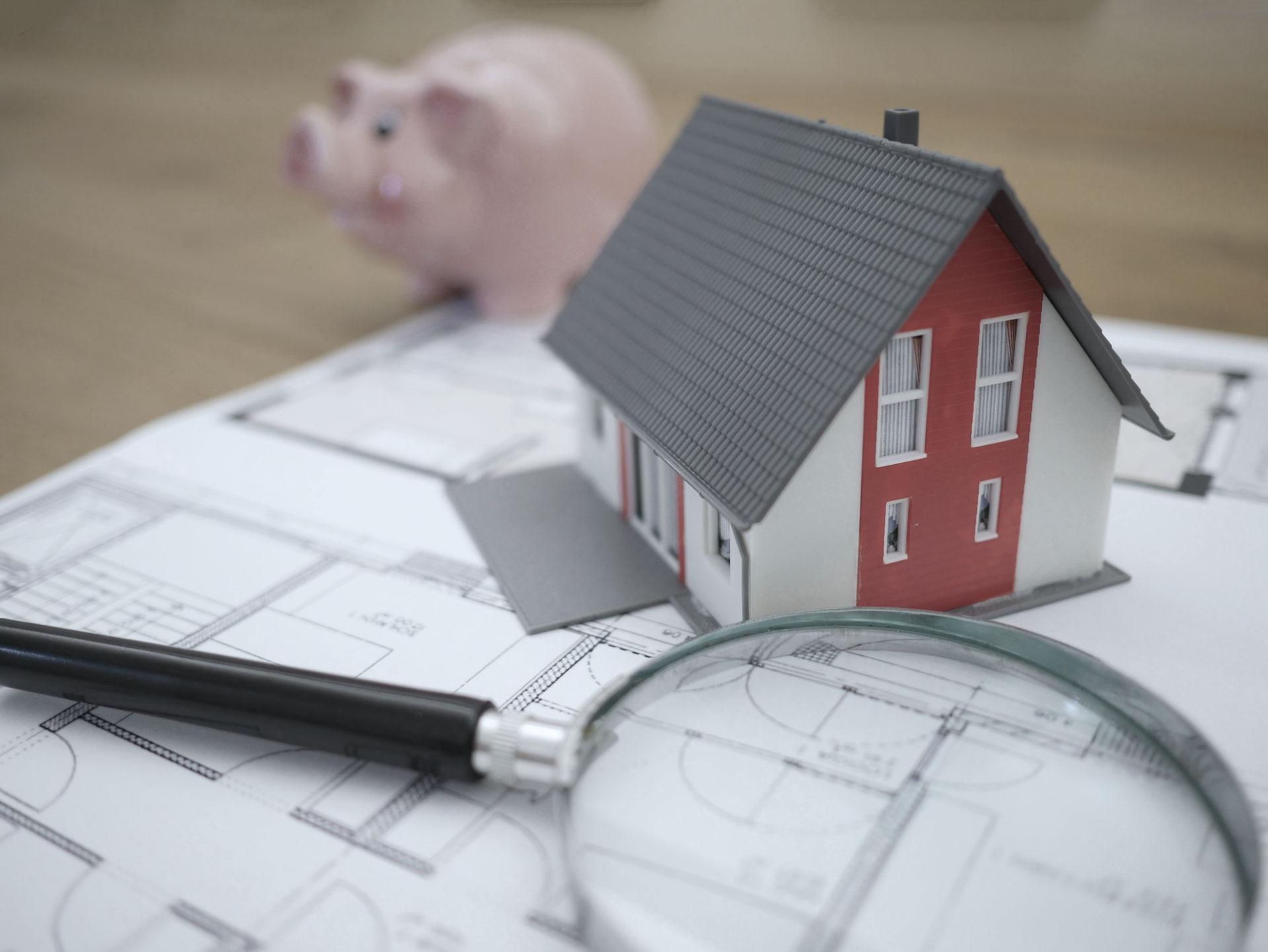 house, piggy bank, magnifying glass